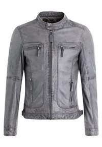 Grå læderjakke med høj krave, lynlåse foran og fire lommer. Materialet har en glat tekstur med diskrete sømdetaljer.