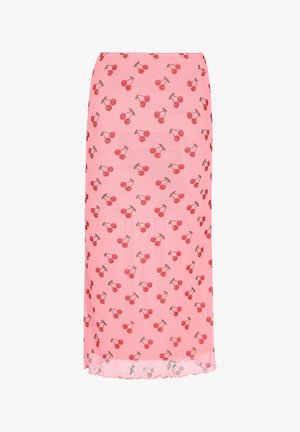 Rózsaszín midi szoknya cseresznye mintával, piros cseresznyékkel zöld szárakon, íves szegéllyel. Könnyű, sima anyagból készült.