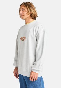 Sudadera gris claro con cuello redondo, hombros caídos y gráfico bordado en naranja y rojo en el pecho. Corte casual con puños de canalé.