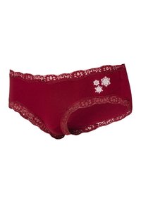 Burgundy bomullsunderkläder med spetskant i midjan, med vit snöflinge-broderi på ena sidan. Bekväm passform och slät textur.