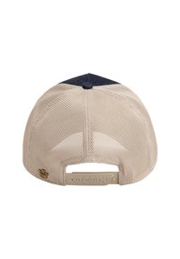 Beige gaas honkbalpet met een navy bovenpaneel, voorzien van een verstelbare kunststofband en een logo aan de achterkant. De gestructureerde oppervlakte verbetert de grip.