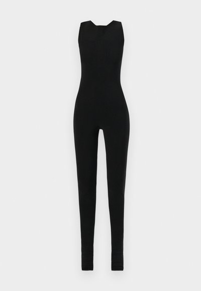 Black jumpsuit with a sleeveless design, featuring a rounded neckline and fitted legs. Material appears smooth and stretchy, with no additional details.