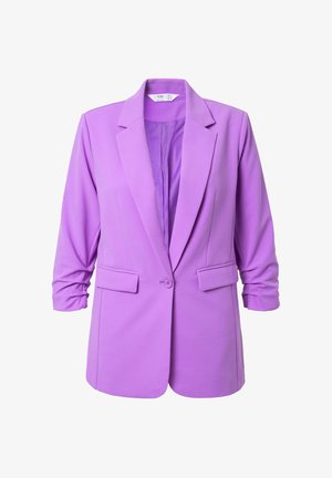 Lila blazer van gladde stof, voorzien van een reverskraag, twee voorzakken en een enkele knoopsluiting. Getailleerde pasvorm met opgerolde mouwen.