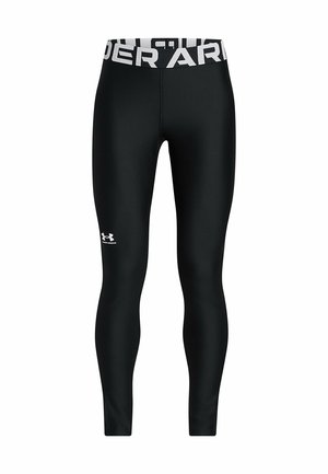 Black athletic leggings with a fitted design, made of smooth material. Features a white branded waistband and logo on the lower leg.