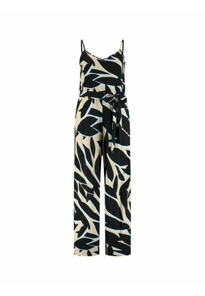 Zwart- en beige mouwloze jumpsuit met dunne bandjes, wijde pijpen, abstract bladpatroon en een bijpassende stoffen ceintuur die in de taille is gestrikt.