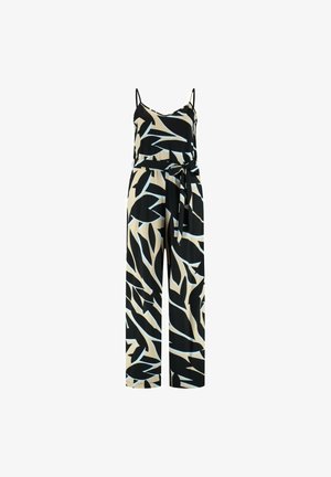 Zwart- en beige mouwloze jumpsuit met dunne bandjes, wijde pijpen, abstract bladpatroon en een bijpassende stoffen ceintuur die in de taille is gestrikt.
