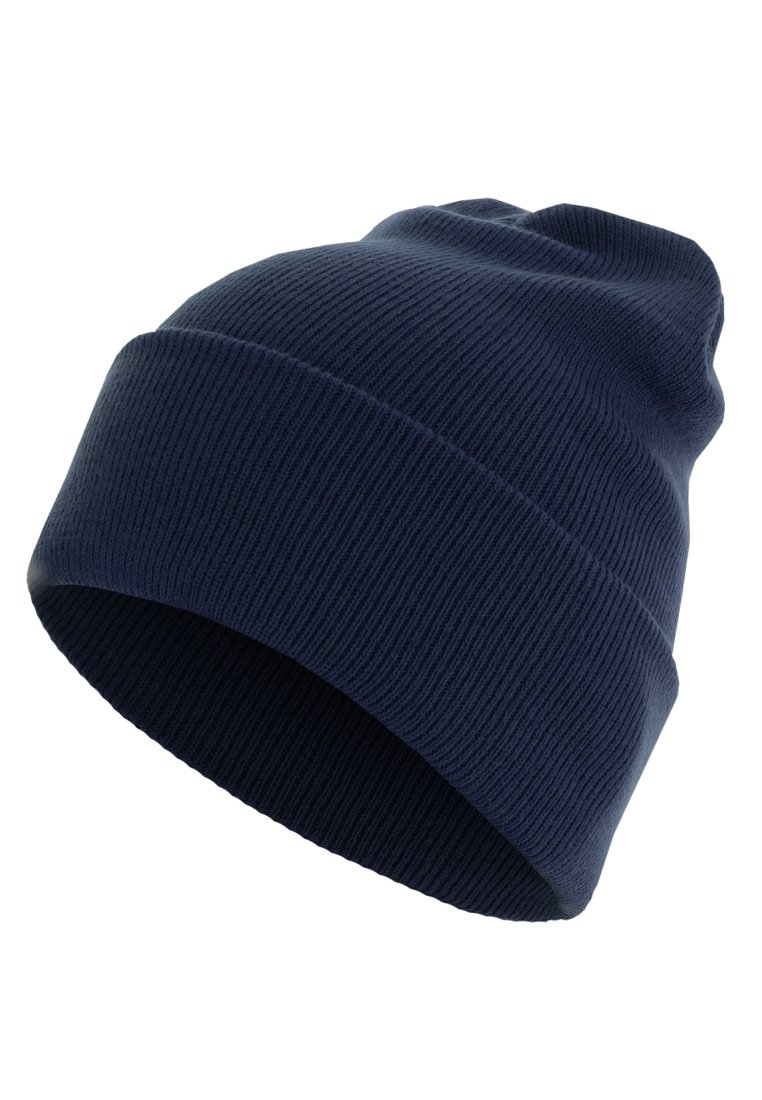 Bonnet tricoté bleu marine avec un revers, présenté sur un fond blanc.