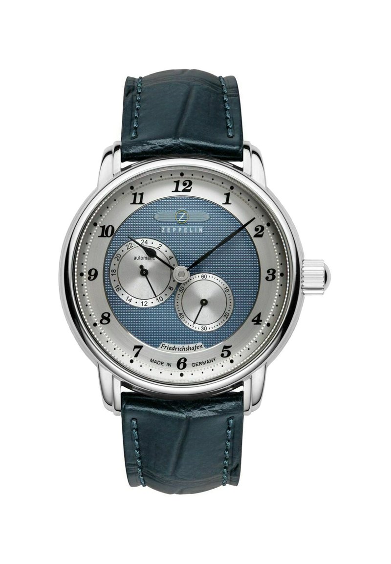 Automatic wristwatch with a silver and blue textured dial, silver numerals, and a dark blue leather strap with a crocodile pattern.