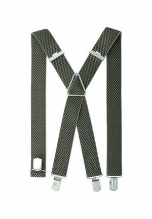 Green patterned suspenders with silver clips, triangular center support, and textured fabric, designed for adjustable fitting and durability.