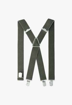 Grüne gemusterte Hosenträger mit silbernen Clips, dreieckiger Mittelsupport und strukturiertem Stoff, entworfen für anpassbare Passform und Langlebigkeit.