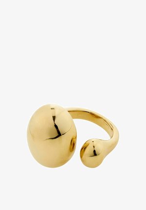 Guld ring med en glat, afrundet design og to sfæriske elementer; et større og et mindre, fastgjort til en buet ring.