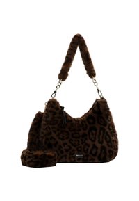 Borsa a mano con stampa leopardata marrone, realizzata in finta pelliccia, con una catena chunky e un manico in finta pelliccia, chiusura a zip e un piccolo etichetta del brand.
