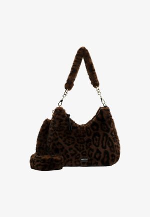 Sac à main en imitation fourrure à imprimé léopard brun, avec une chaîne chunky et une anse en fausse fourrure, fermeture zippée et une petite étiquette de marque.