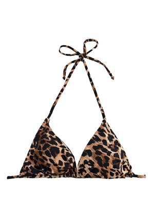 Haut de bikini triangle imprimé léopard avec fines bretelles réglables nouées au cou et à l'arrière sur fond blanc.