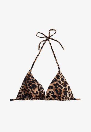 Haut de bikini triangle imprimé léopard avec fines bretelles réglables nouées au cou et à l'arrière sur fond blanc.