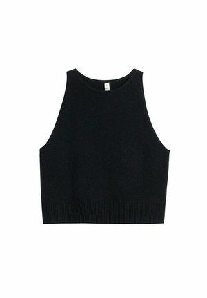 Czarny krótki top na ramiączkach wykonany z miękkiego dzianinowego materiału; bez rękawów, z okrągłym dekoltem i prążkowanym dołem, o czystym, minimalistycznym designie.