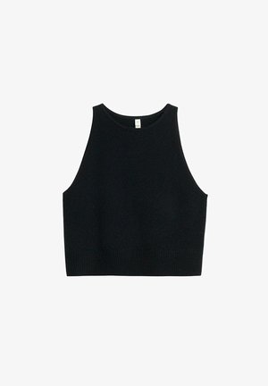 Sort cropped tanktop lavet af blødt strikket materiale; ærmeløs med rund halsudskæring og ribbet kant, med et rent og minimalistisk design.