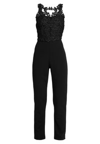Mono negro con un corsé de encaje con patrones intrincados, tirantes finos y pantalones ajustados, que exhibe una textura suave en toda su extensión.