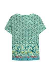 Korte mouw top in turkoois stof met geometrische en abstracte patronen, met een ronde halslijn en een gelaagd ontwerp aan de zoom.