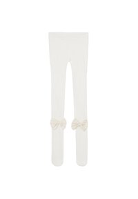 Weiße gerippte Leggings mit zwei großen Schleifen an den Knien. Weicher Stoff, dehnbund und eine eng anliegende Passform. Sauberes, einfaches Ästhetik.