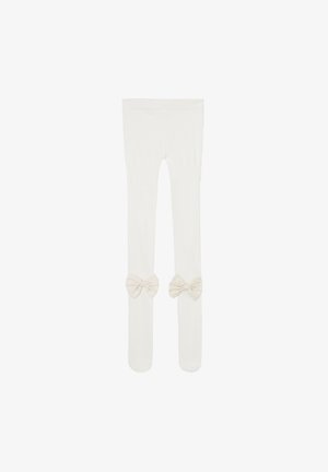 Hvide ribbede leggings med to store sløjfer ved knæene. Blødt stof, strækbar talje og en tætsiddende pasform. Ren, enkel æstetik.