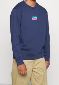 Man i marinblå Levi's-sweatshirt och beige byxor, står mot en enkel ljus bakgrund med armarna avslappnat vid sidan.