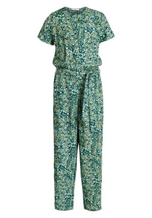 Kombinezon z krótkim rękawem w zielone i niebieskie kwiaty, z przodem na guziki i paskiem materiałowym w talii, z luźno dopasowanymi prostymi nogawkami.