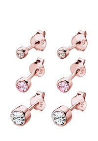 Sei paia di orecchini a bottone in oro rosa con timbro 925, caratterizzati da pietre in zirconia cubica trasparente e rosa in una montatura rotonda.