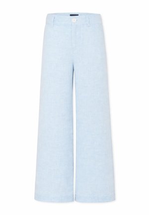 Pantaloni a gamba larga azzurri chiaro con chiusura con bottone e zip, passanti per cintura e design pulito e minimalista su sfondo bianco.