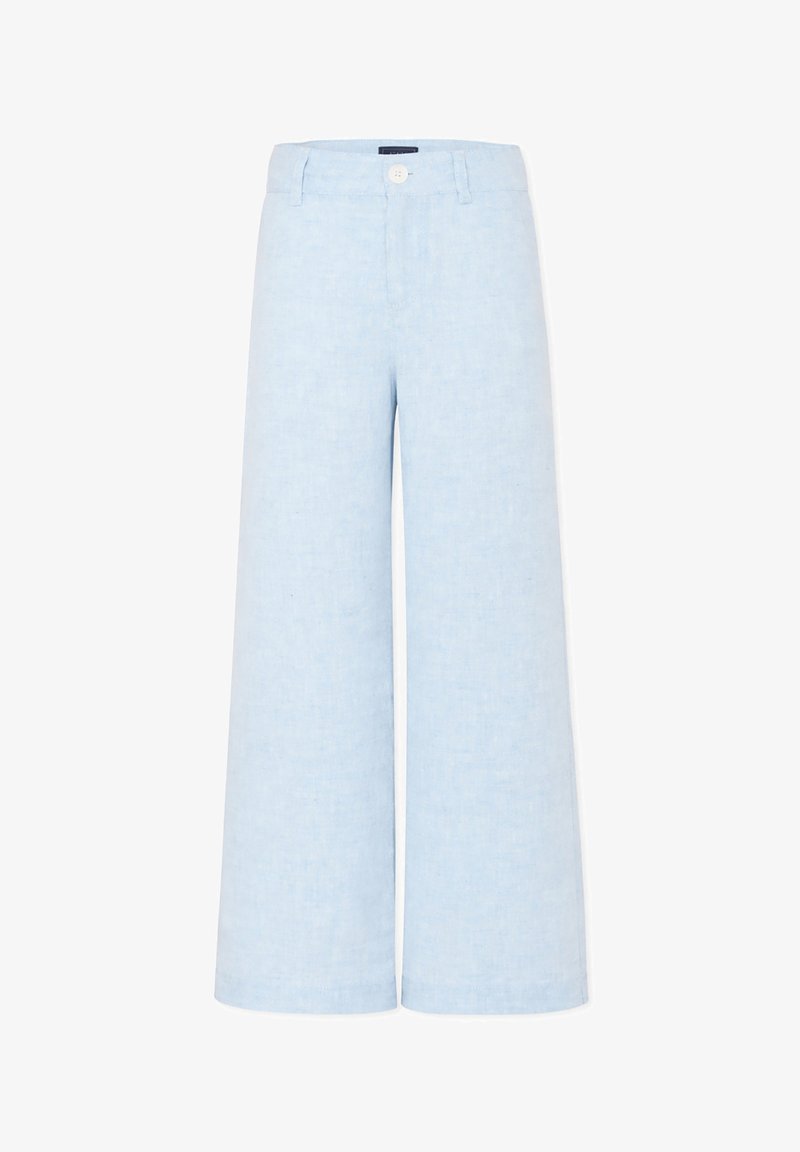 Pantalon large bleu clair avec fermeture par bouton et zip, passants de ceinture, et design épuré et minimaliste sur fond blanc.