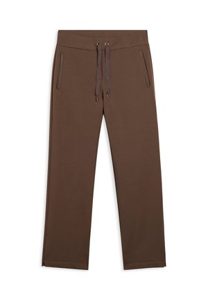 Pantalons lounge marron en matériau doux, dotés de deux poches zippées et d'une ceinture à cordon pour un ajustement réglable. Design à jambes droites.