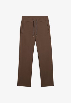 Pantalons lounge marron en matériau doux, dotés de deux poches zippées et d'une ceinture à cordon pour un ajustement réglable. Design à jambes droites.