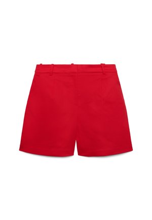 Red high-waist tailored shorts with belt loops and front pockets, displayed against a white background.