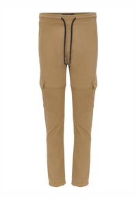 Pantalons cargo en kaki avec une taille élastique, cordon de serrage, deux poches latérales et jambes fuselées. Texture lisse et détails de couture minimaux.