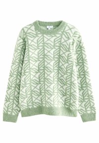 Pull vert et blanc à motifs avec un col rond, une texture douce et des motifs géométriques sur toute la surface. Les poignets et l'ourlet sont bordés d'un liseré vert uni.