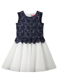 Námořnická krajková šaty s výstřihem do vlnky, bez rukávů a s bílou tylovou sukňou. Zapínání na zip na zadní straně.
