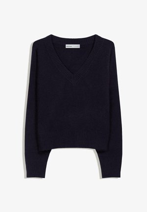 Mørkeblå cropped sweater med V-hals, ribbet halsudskæring og kant. Fremstillet af blødt materiale med lange ærmer og en afslappet pasform.