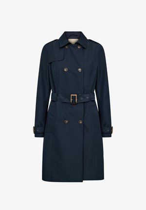 Dunkelblauer, doppelt geknöpfter Trenchcoat mit tailliertem Gürtel und knöpfbaren Manschettenriemen, ausgestattet mit einem klassischen Kragen und seitlichen Taschen.