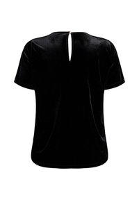 Black velvet short-sleeve top with round neckline and small teardrop back opening fastened by a single button.