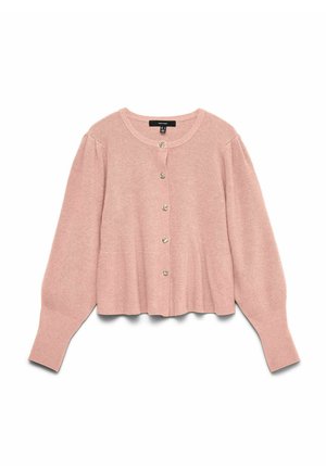 Cardigan en maille rose pâle avec manches longues et encolure ronde, orné de cinq petits boutons dorés sur le devant.