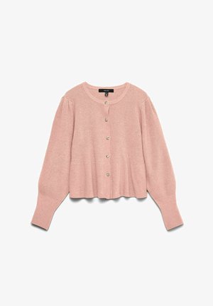 Cardigan en maille rose pâle avec manches longues et encolure ronde, orné de cinq petits boutons dorés sur le devant.