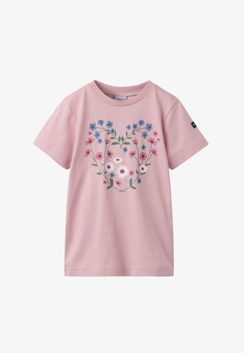 Rosa Baumwoll-T-Shirt mit floralem Design in Blau- und Rosatönen, kleinen weißen Gänseblümchen und grünen Stängeln, kurzen Ärmeln und Rundhalsausschnitt.
