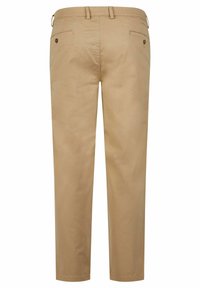 Beige Chinos mit geradem Schnitt, ausgestattet mit zwei Gesäßtaschen mit Knopfverschluss und Gürtelschlaufen. Glattes Baumwollmischgewebe.