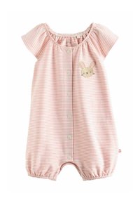 Combinaison bébé rayée rose et blanche avec manches courtes, boutons pression devant, ouvertures élastiques aux jambes, et un petit patch visage de lapin sur la poitrine.