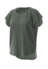 Dark green short-sleeve top, featuring a round neckline, textured fabric, side slits, and a curved hem for added comfort and movement.