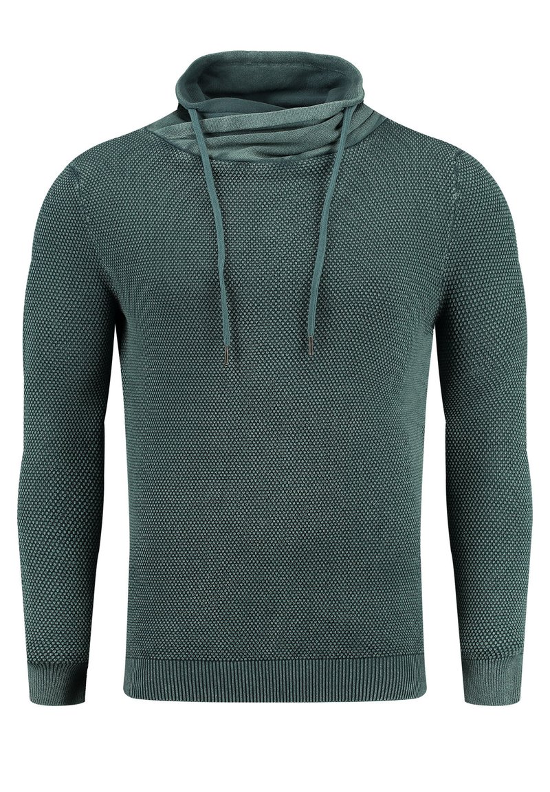 Textuur groene trui met een kraag, voorzien van een gebreid patroon, lange mouwen en ribbels aan de onderkant. Trekkoorden accentueren de hals.