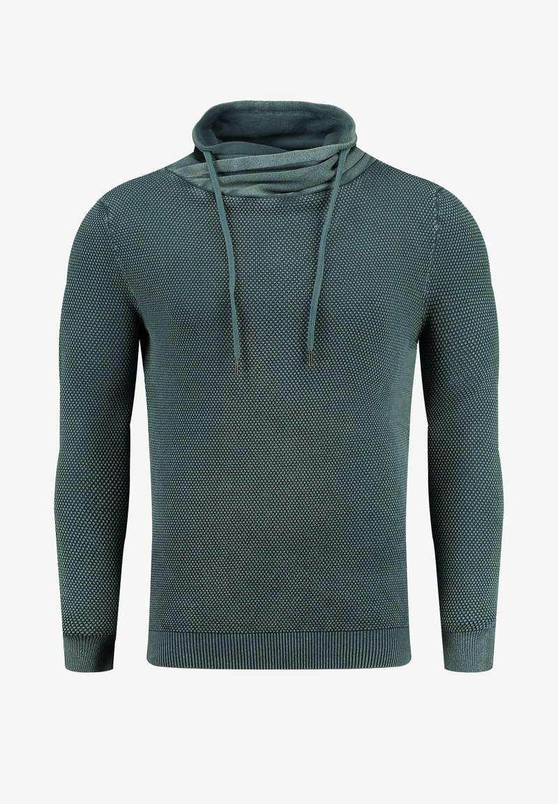 Texturierter grüner Pullover mit einem Kragen, der ein gestricktes Muster, lange Ärmel und gerippte Säume aufweist. Kordeln betonen den Kragen.