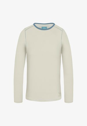 Long-sleeve shirt in light beige with a blue collar. Features a smooth texture and contrasting stitching. Logo printed at the hem.