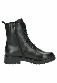 Botines de cuero negro hasta el tobillo con un cierre de cordones en el frente y cremallera lateral, con una suela gruesa y textura suave.