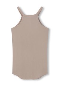 Beige geribbelde tanktop met smalle bandjes en een afgeronde zoom. De stof lijkt zacht en rekbaar, ideaal voor casual draag.